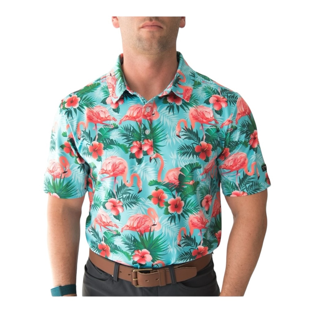 Yatta Golf Mens‎ Sz M Polo Shirt Tropical Pau Hana Flamingo Pattern New
